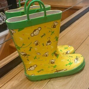 Yellow Kids Rain Boots with Monkey Print and Green Trim